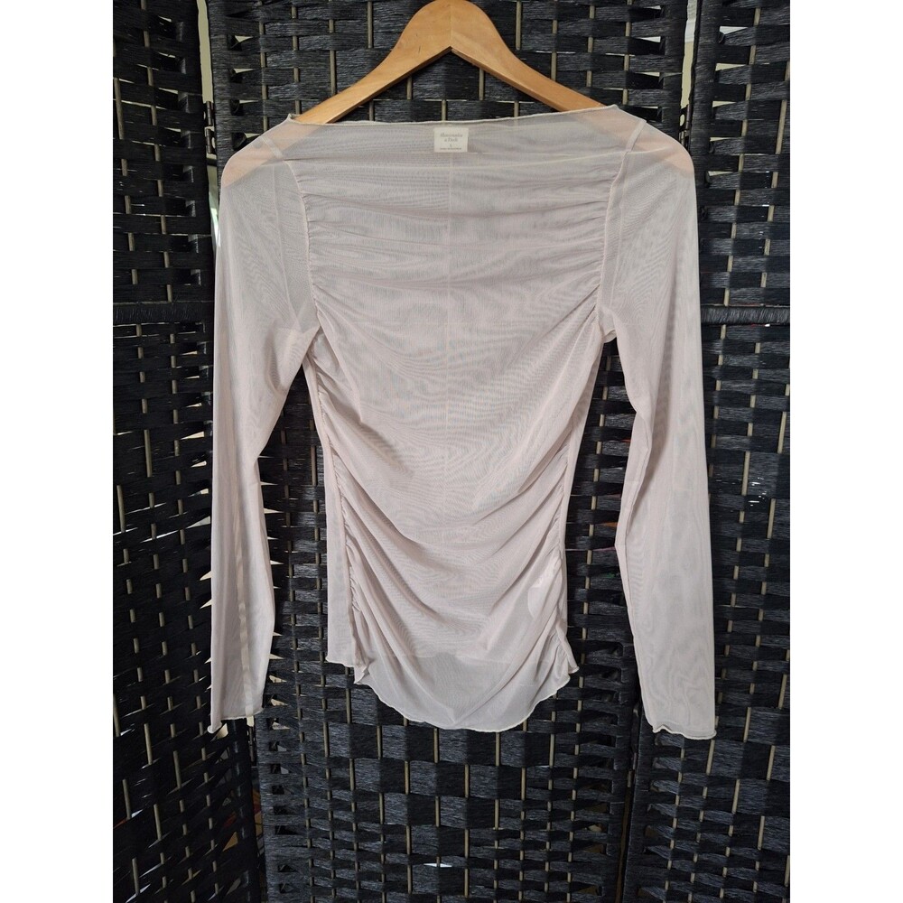 Abercrombie & Fitch Tan Sheer Mesh Ruched Long Sleeve Top Small Y2K Cyber Sleaze